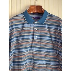 Alan Flusser Polo Shirt Men XL Blue Striped Short Sleeve Button-Up 100 Cotton